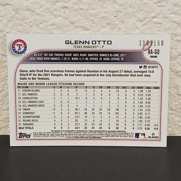 2022 TOPPS CHROME GLENN OTTO BLUE WAVE REFRACTOR AUTOGRAPH ROOKIE #RA-GO 110/150 - Picture 2 of 2